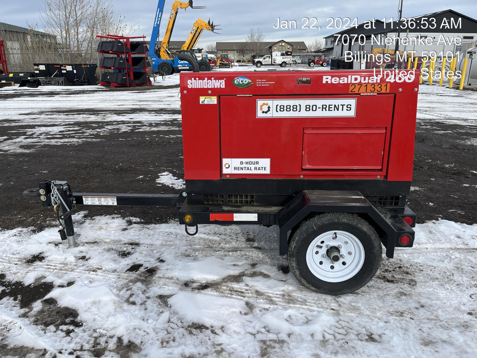 2022 Shindaiwa DGW400MDL Kubota D902 Engine, 23 HP, Dual Op Welder, Wire, Arc, Droop Stick, Tig, and CC Stick Functionality, Simulphase, 3 Phase and 1 Phase Gen Output, Single Axle NB Trlr, Slr Trckl Chrg 12V 12W, Fire Ext