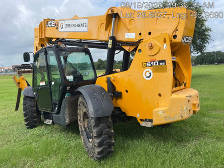 2019 JCB 510-56 Enclosed Cab, 74 HP, Solid Tires, Worklights, Beacon, Aux Hydraulics, Lifting Eye w/66" Carriage/60" Forks
