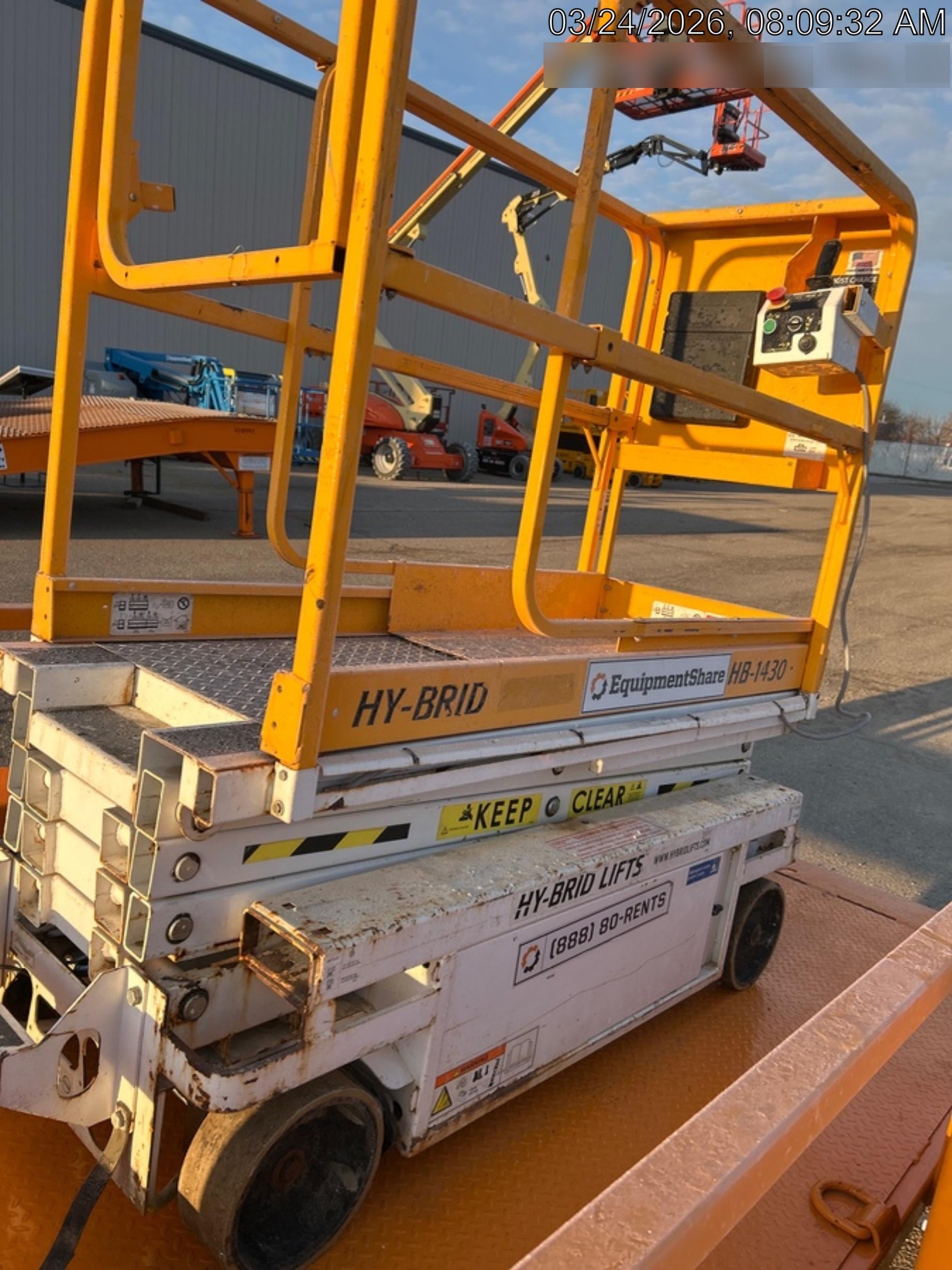 Custom Equipment HB-1430 <ul>
 <li>Hy-Brid Scissor Lift</li>
  <li>Platform capacity up to 670 lbs.</li>
  <li>Working height up to 20 ft</li>
  <li>Weighs under 1,700 lbs.</li>
  <li>Non-marking wheels </li>
</ul>
