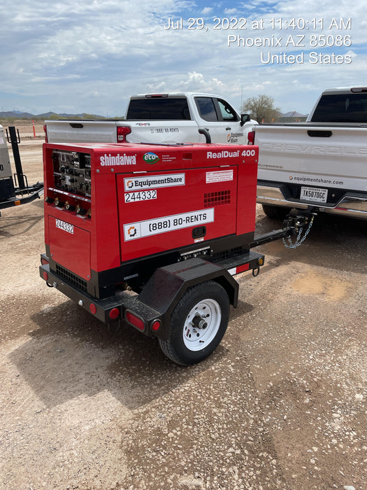 2022 Shindaiwa DGW400MDL Kubota D902 Engine, 23 HP, Dual Op Welder, Wire, Arc, Droop Stick, Tig, and CC Stick Functionality, Simulphase, 3 Phase and 1 Phase Gen Output, Single Axle NB Trlr, Slr Trckl Chrg 12V 12W, Fire Ext