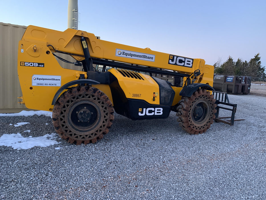 2019 JCB 509-42 74 HP w/Open ROPS, Beacon, Aux Hydraulics, LED Work lights, Solid Tires 66" Carriage/60" Forks