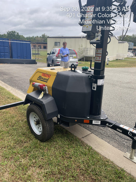 2021 Allmand NLV3GR (4) LED Light Fixture 350W, 23' Vertical Mast, 3kW Prime, Towable, Deep Sea L401, Leveling Jacks, Yanmar T4F 5.8hp