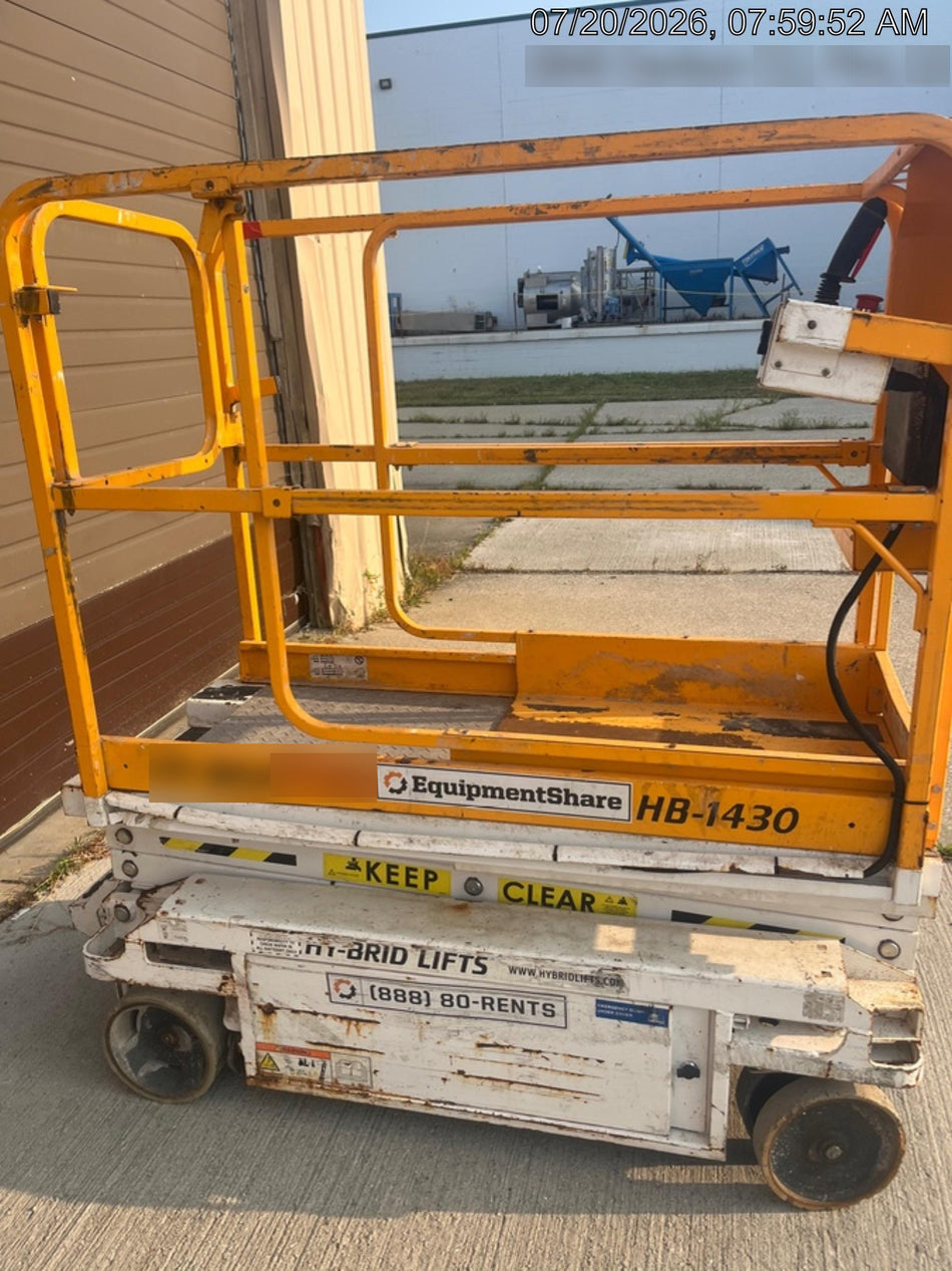 Custom Equipment HB-1430 <ul>
 <li>Hy-Brid Scissor Lift</li>
  <li>Platform capacity up to 670 lbs.</li>
  <li>Working height up to 20 ft</li>
  <li>Weighs under 1,700 lbs.</li>
  <li>Non-marking wheels </li>
</ul>