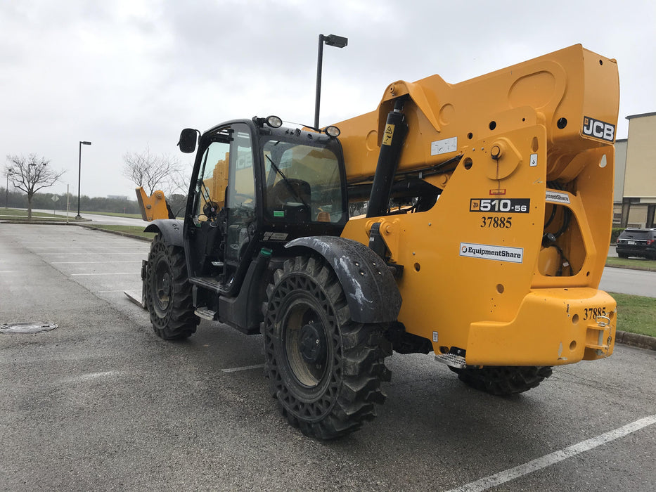 2019 JCB 510-56 74 HP w/CAB/HVAC, Beacon, Worklights, Aux Hydraulics, Solid Tires 66" Carriage/60" Forks