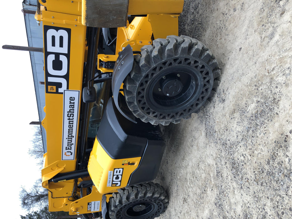 2019 JCB 510-56 Open ROPS, 74 HP, Solid Tires, Worklights, Beacon, Aux Hydraulics, Lifting Eye 66" Carriage/60" Forks