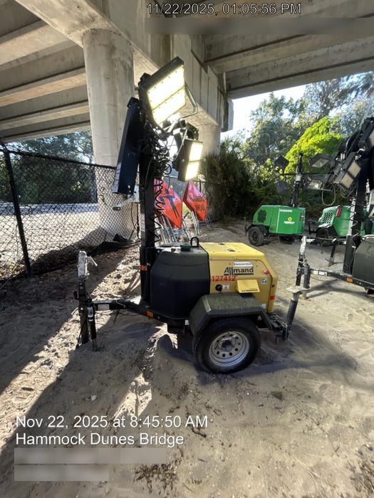 2021 Allmand NLV3GR (4) LED Light Fixture 350W, 23' Vertical Mast, 3kW Prime, Towable, Deep Sea L401, Leveling Jacks, Yanmar T4F 5.8hp