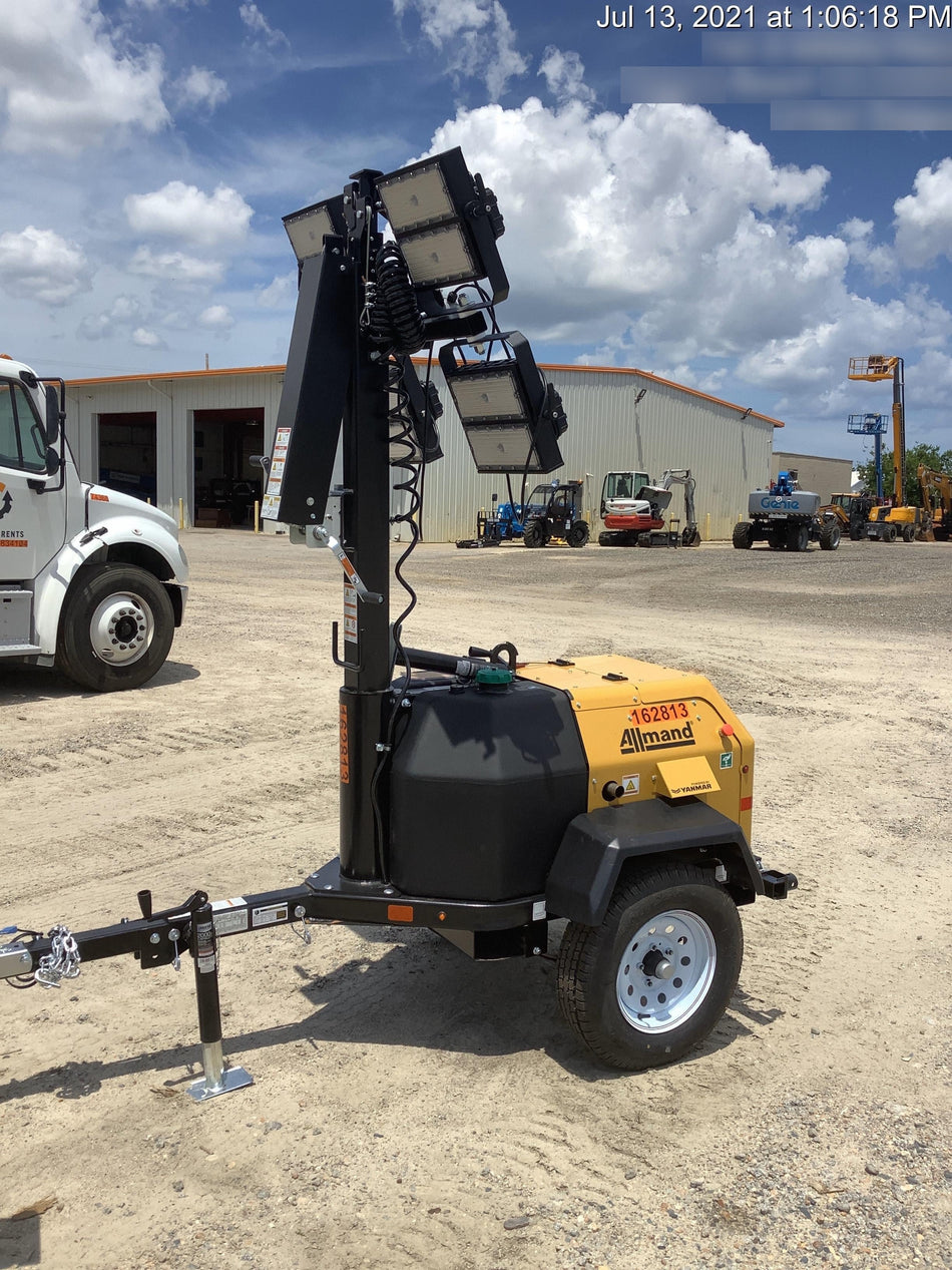 2021 Allmand NLV3GR (4) LED Light Fixture 350W, 23' Vertical Mast, 3kW Prime, Towable, Deep Sea L401, Leveling Jacks, Yanmar T4F 5.8hp