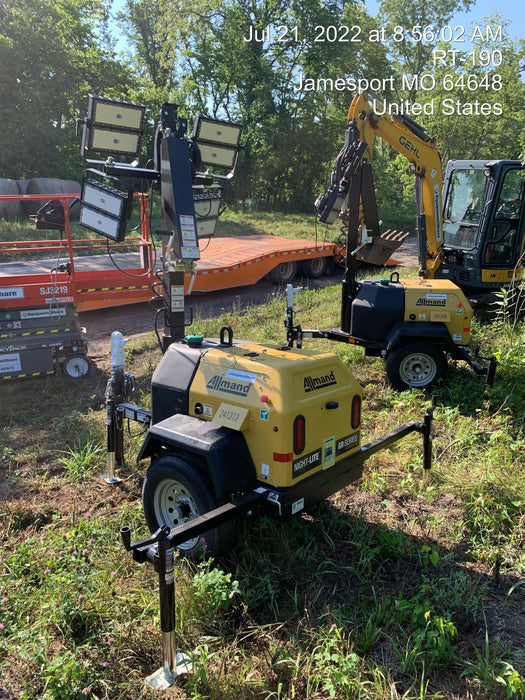 2022 Allmand NLV3GR (4) LED Light Fixture 350W, 23' Vertical Mast, 3kW Prime, Towable, Deep Sea L401, Leveling Jacks, Yanmar T4F 5.8hp