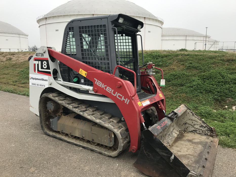 2019 Takeuchi TL8 Cab, Heat/AC, Defroster, 15" Wide Rubber Tracks, Back-up Alarm, Front & Rear Working Lights, Auxiliary Hydraulics, Two-Speed Travel, Electronic Monitoring System, Hydraulic Universal Quick Hitch 76" HD Smooth Dirt Bucket with Bolt-On Edge, 20.3 cubic feet Capacity
