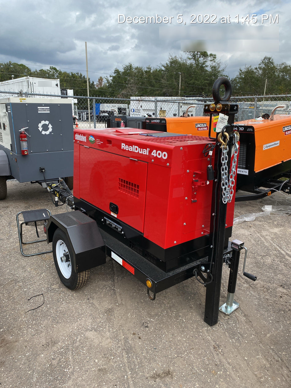 2022 Shindaiwa DGW400MDL Kubota D902 Engine, 23 HP, Dual Op Welder, Wire, Arc, Droop Stick, Tig, and CC Stick Functionality, Simulphase, 3 Phase and 1 Phase Gen Output, Single Axle NB Trlr, Slr Trckl Chrg 12V 12W, Fire Ext