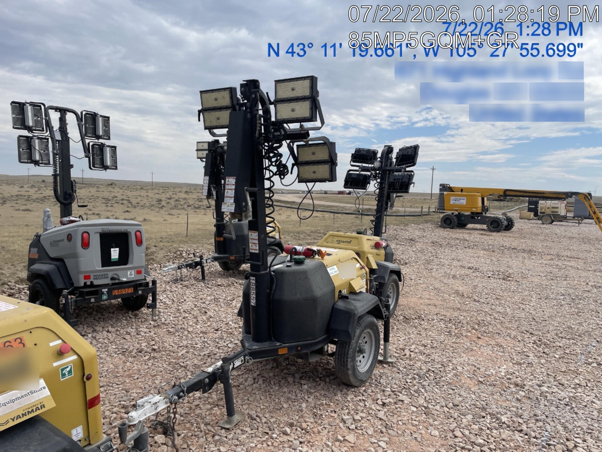 Allmand NLV3GR (4) LED Light Fixture 350W, 23' Vertical Mast, 3kW Prime, Towable, Deep Sea L401, Leveling Jacks, Yanmar T4F 5.8hp