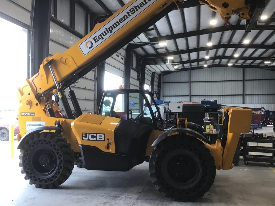 2019 JCB 512-56 109 HP w/Open ROPS, Beacon, Aux Hydraulics, Worklights, Solid Tires 60" Carriage/Forks