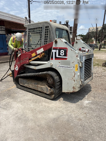 2019 Takeuchi TL8 Cab, Heat/AC, Defroster, 15" Wide Rubber Tracks, Back-up Alarm, Front & Rear Working Lights, Auxiliary Hydraulics, Two-Speed Travel, Electronic Monitoring System, Hydraulic Universal Quick Hitch 76" HD Dirt Bucket with 8 Teeth, 20.3 cubic feet Capacity