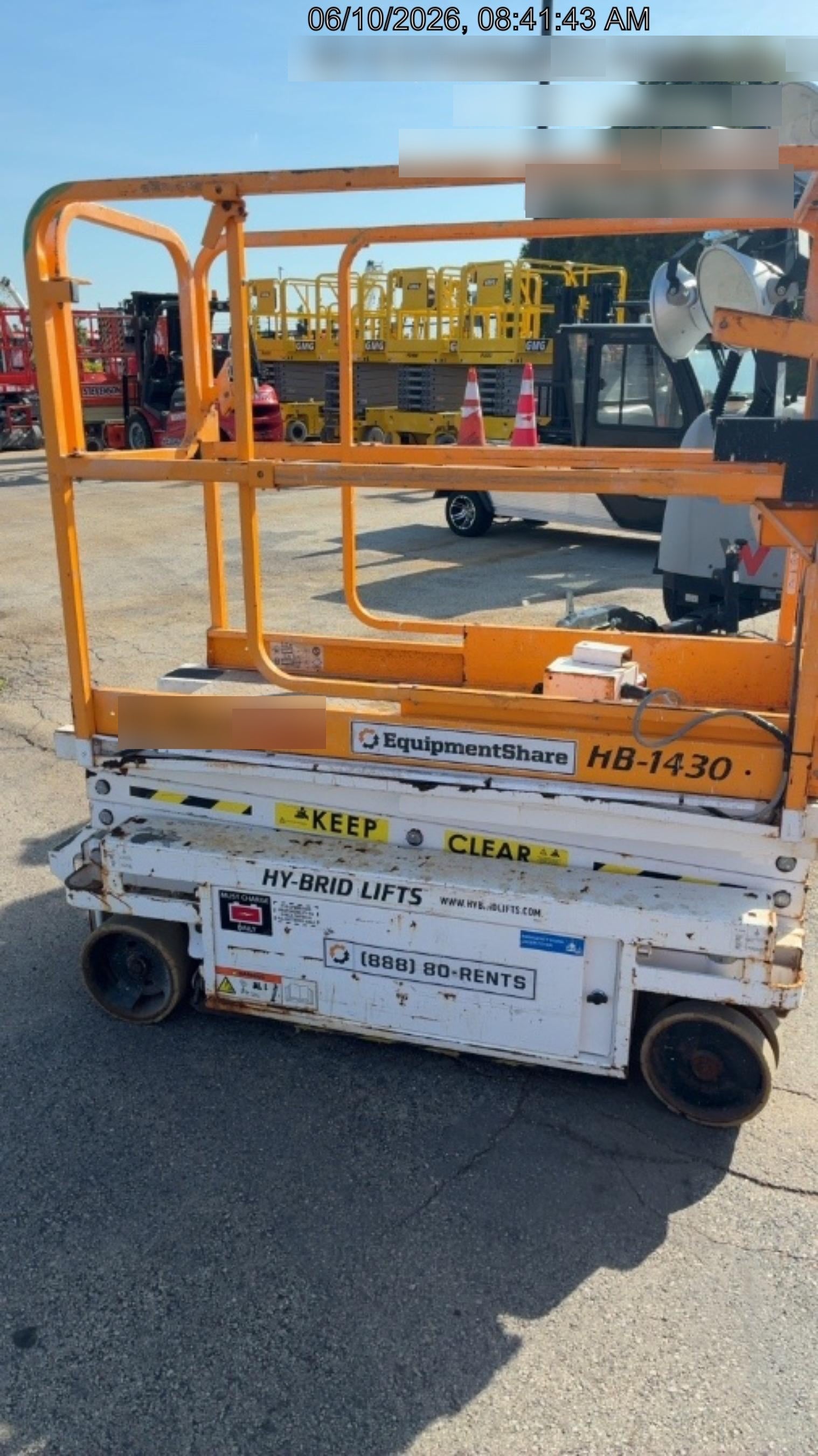 Custom Equipment HB-1430 <ul>
 <li>Hy-Brid Scissor Lift</li>
  <li>Platform capacity up to 670 lbs.</li>
  <li>Working height up to 20 ft</li>
  <li>Weighs under 1,700 lbs.</li>
  <li>Non-marking wheels </li>
</ul>