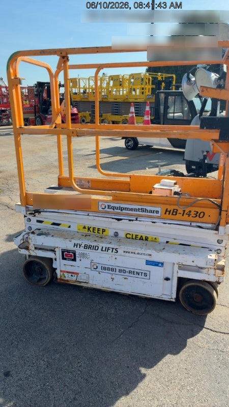 Custom Equipment HB-1430 <ul>
 <li>Hy-Brid Scissor Lift</li>
  <li>Platform capacity up to 670 lbs.</li>
  <li>Working height up to 20 ft</li>
  <li>Weighs under 1,700 lbs.</li>
  <li>Non-marking wheels </li>
</ul>
