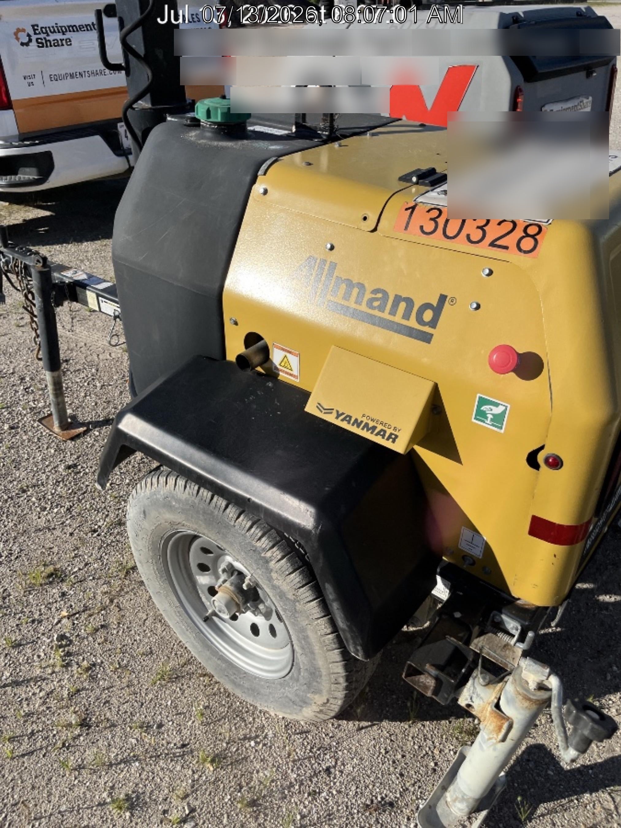 2021 Allmand NLV3GR (4) LED Light Fixture 350W, 23' Vertical Mast, 3kW Prime, Towable, Deep Sea L401, Leveling Jacks, Yanmar T4F 5.8hp