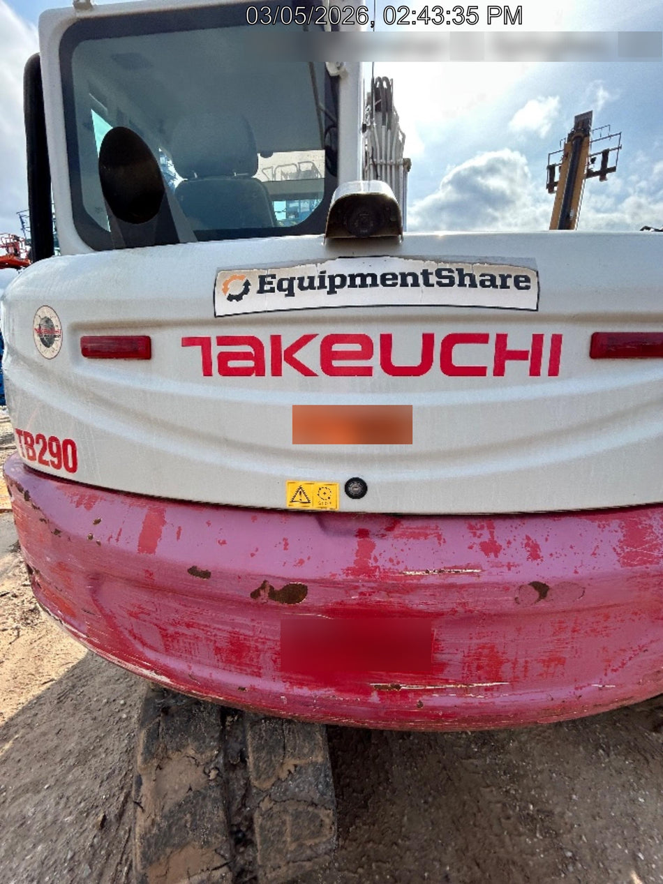 2019 Takeuchi TB290 Cab/Heat/AC Rubber tracks, Dozer blade, Travel alarm, Auxiliary hydraulics Manual QC, Hydraulic thumb, 18", 24", and 36" Buckets