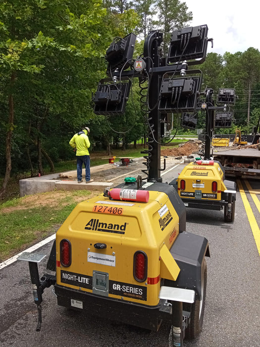 2021 Allmand NLV3GR (4) LED Light Fixture 350W, 23' Vertical Mast, 3kW Prime, Towable, Deep Sea L401, Leveling Jacks, Yanmar T4F 5.8hp