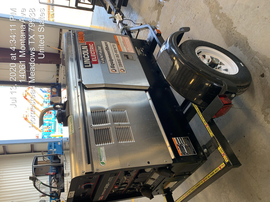2019 Lincoln Electric Vantage 322 Welder Ready-Pak 3, Two wheel trailer, Fender and Light kit, Cable Rack