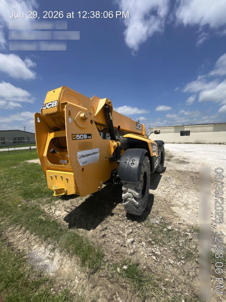 2019 JCB 509-42 74 HP w/Open ROPS, Beacon, Aux Hydraulics, LED Work lights, Solid Tires 66" Carriage/60" Forks
