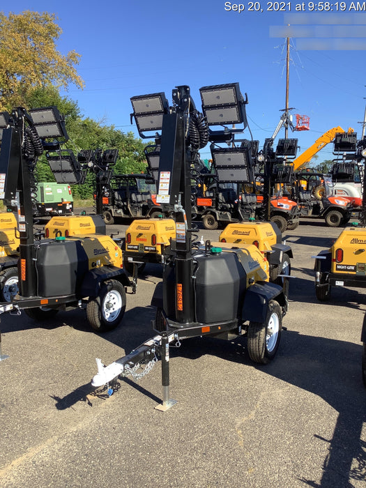 Allmand NLV3GR (4) LED Light Fixture 350W, 23' Vertical Mast, 3kW Prime, Towable, Deep Sea L401, Leveling Jacks, Yanmar T4F 5.8hp