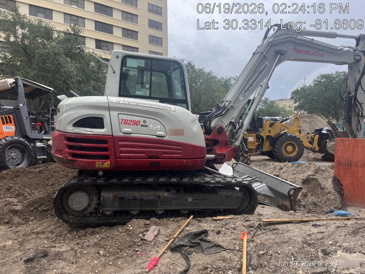 2019 Takeuchi TB290 Cab, AC, Rubber Tracks, Dozer Blade, Travel Alarm, Control Pattern Change Valve, Auxiliary Hydraulics w/18" Quick Coupler Bucket with teeth, 6.2 cu. ft. capacity/24" Quick Coupler Bucket with teeth, 8.6 cu. ft. capacity/36" Quick Coupler Bucket with teeth, 13.4 cu. ft. capacity, Quick Coupler, Hydraulic Thumb Installed