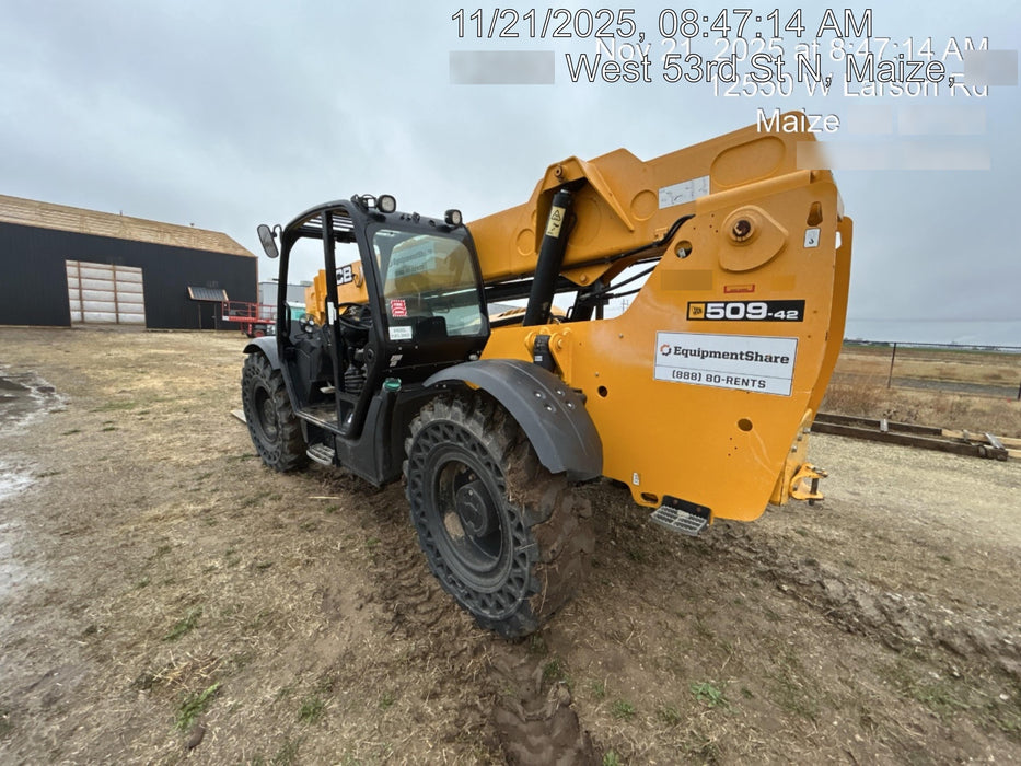 2019 JCB 509-42 74 HP w/Open ROPS, Beacon, Aux Hydraulics, LED Work lights, Solid Tires 66" Carriage/60" Forks