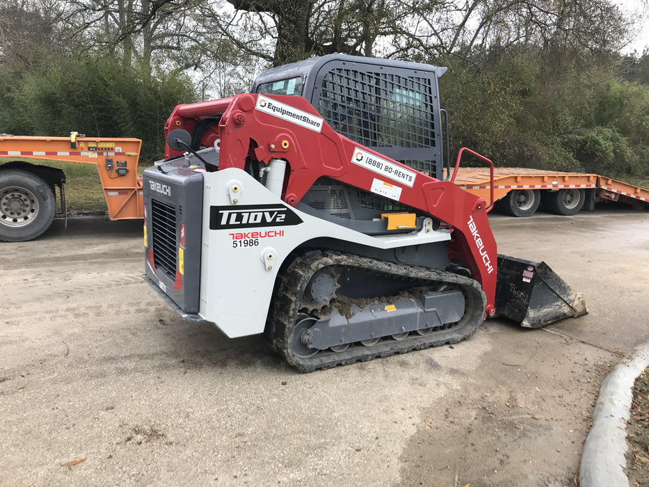 2019 Takeuchi TL10V2-CR Cab/Heat/AC, Rubber Tracks, Backup Alarm, Front & rear working Lights, Auxiliary Hydraulics, 2 Speed Travel, Engine Monitoring System, Hydraulic universal quick hitch w/76" HD smooth dirt bucket with bolt-on edge, 20.3 cubic feet capacity, 48" Pallet forks and frame
