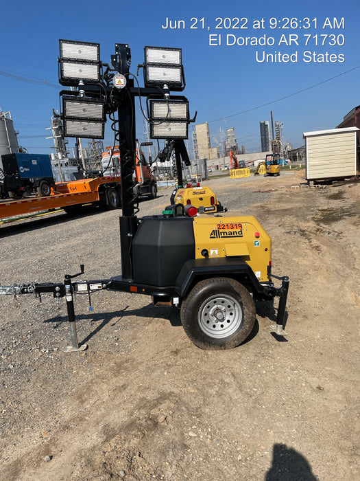 2022 Allmand NLV3GR (4) LED Light Fixture 350W, 23' Vertical Mast, 3kW Prime, Towable, Deep Sea L401, Leveling Jacks, Yanmar T4F 5.8hp