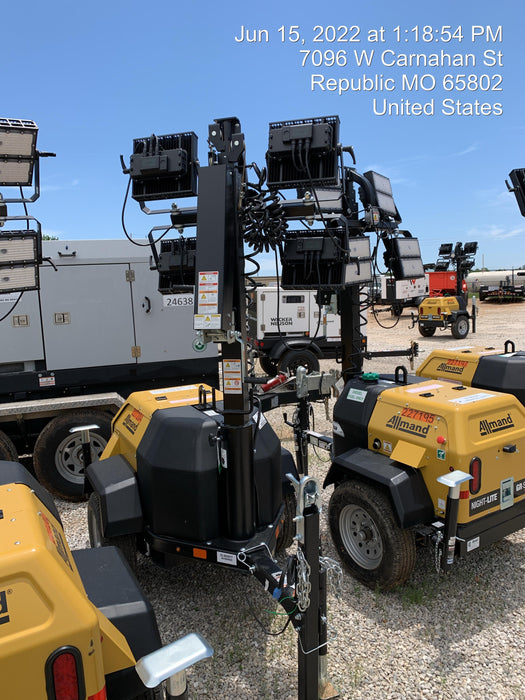 2022 Allmand NLV3GR (4) LED Light Fixture 350W, 23' Vertical Mast, 3kW Prime, Towable, Deep Sea L401, Leveling Jacks, Yanmar T4F 5.8hp