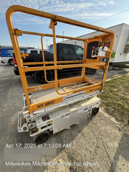 Custom Equipment HB-1430 <ul>
 <li>Hy-Brid Scissor Lift</li>
  <li>Platform capacity up to 670 lbs.</li>
  <li>Working height up to 20 ft</li>
  <li>Weighs under 1,700 lbs.</li>
  <li>Non-marking wheels </li>
</ul>
