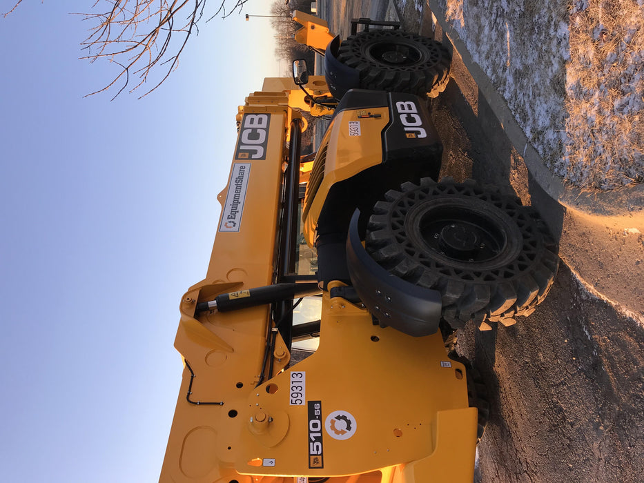 2020 JCB 510-56 Cab/Heat/Air, 74 HP, Solid Tires, STD Worklight, Beacon, Aux Hydraulics, Lifting Eye, Back up Alarm w/66" Carriage/60" Forks