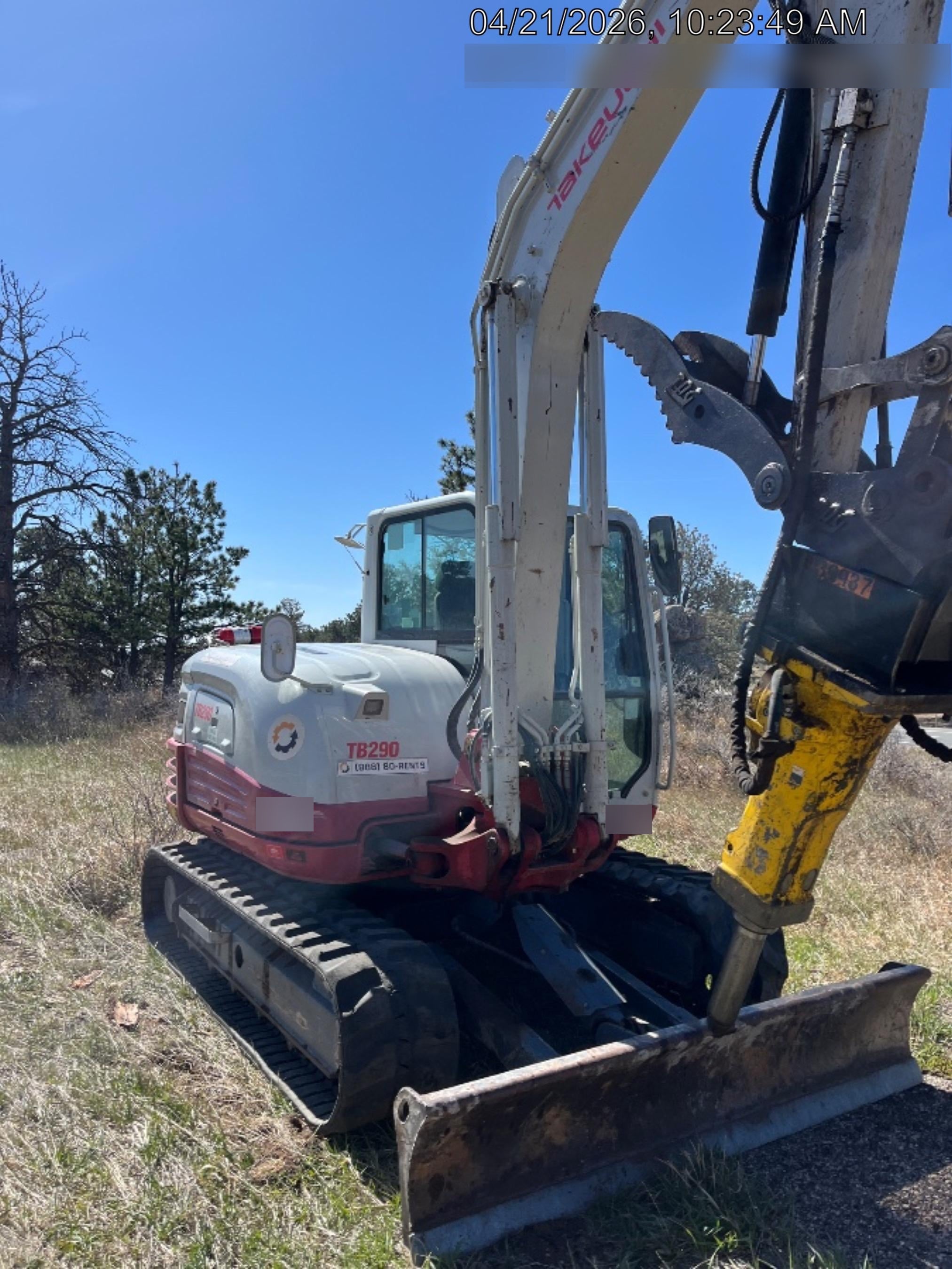 2019 Takeuchi TB290 Cab, AC, Rubber Tracks, Dozer Blade, Travel Alarm, Control Pattern Change Valve, Auxiliary Hydraulics w/18" Quick Coupler Bucket with teeth, 6.2 cu. ft. capacity/24" Quick Coupler Bucket with teeth, 8.6 cu. ft. capacity/36" Quick Coupler Bucket with teeth, 13.4 cu. ft. capacity, Quick Coupler, Hydraulic Thumb Installed