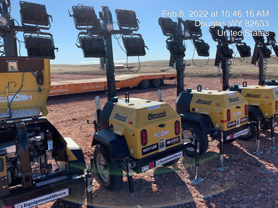 2022 Allmand NLV3GR (4) LED Light Fixture 350W, 23' Vertical Mast, 3kW Prime, Towable, Deep Sea L401, Leveling Jacks, Yanmar T4F 5.8hp