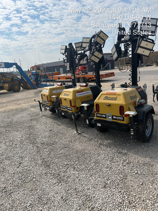 2022 Allmand NLV3GR (4) LED Light Fixture 350W, 23' Vertical Mast, 3kW Prime, Towable, Deep Sea L401, Leveling Jacks, Yanmar T4F 5.8hp