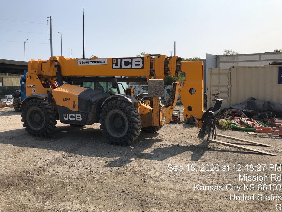 2019 JCB 512-56 Cab/Heat/Air, 109 HP, Solid Tires, STD Worklight, Beacon, Aux Hydraulics, Lifting Eye, Back up Alarm w/66" Carriage/60" Forks