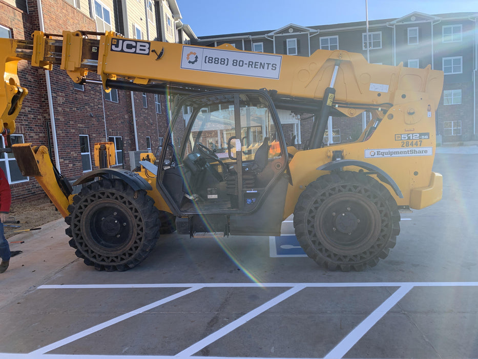 2019 JCB 512-56 109 HP w/Open ROPS, Beacon, Aux Hydraulics, Worklights, Solid Tires 60" Carriage/Forks