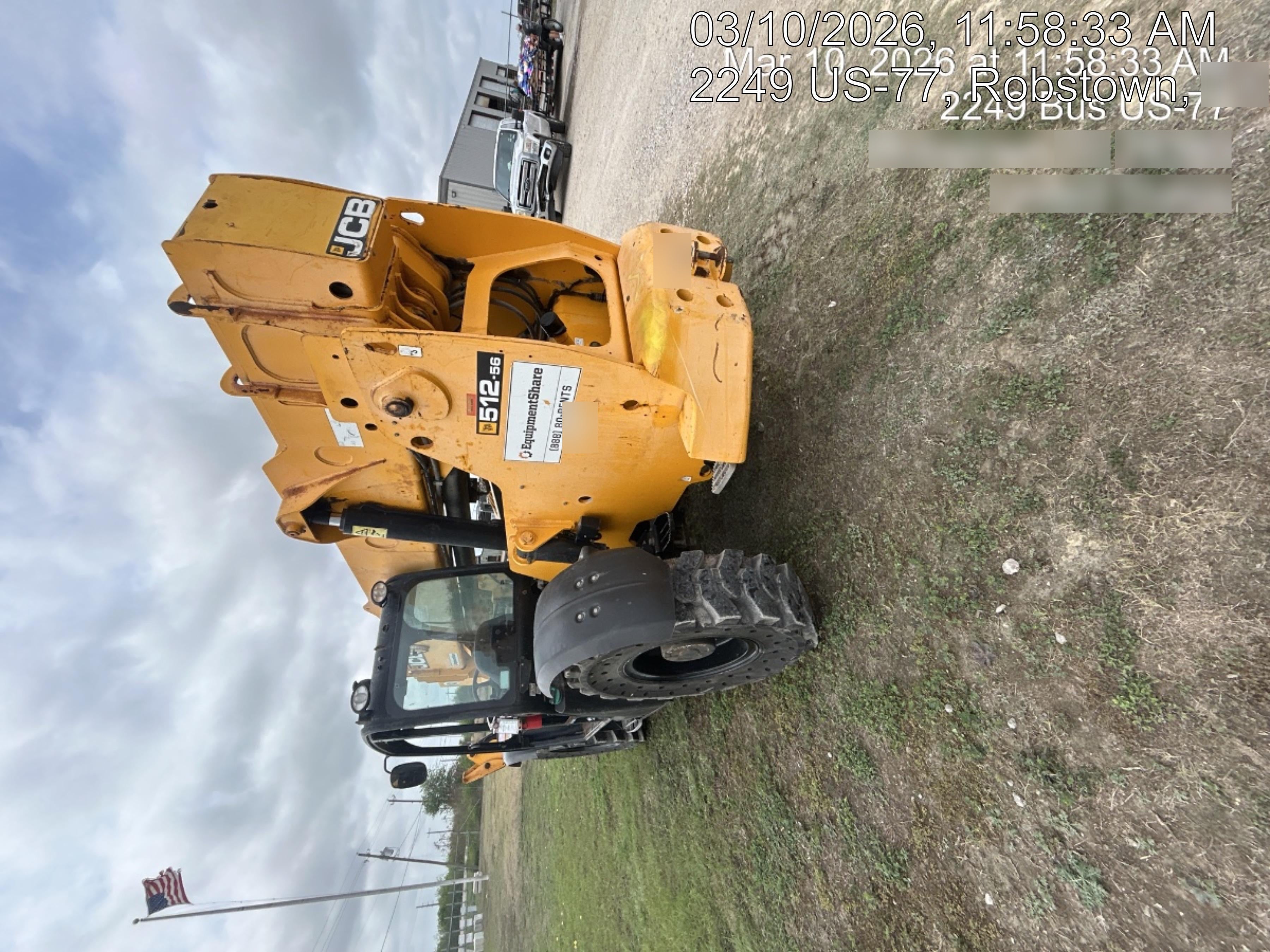 2019 JCB 512-56 109 HP w/Open ROPS, Beacon, Aux Hydraulics, Worklights, Solid Tires w/66" Carriage/60" Forks