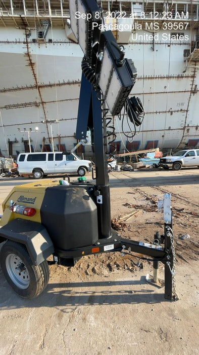 2022 Allmand NLV3GR (4) LED Light Fixture 350W, 23' Vertical Mast, 3kW Prime, Towable, Deep Sea L401, Leveling Jacks, Yanmar T4F 5.8hp