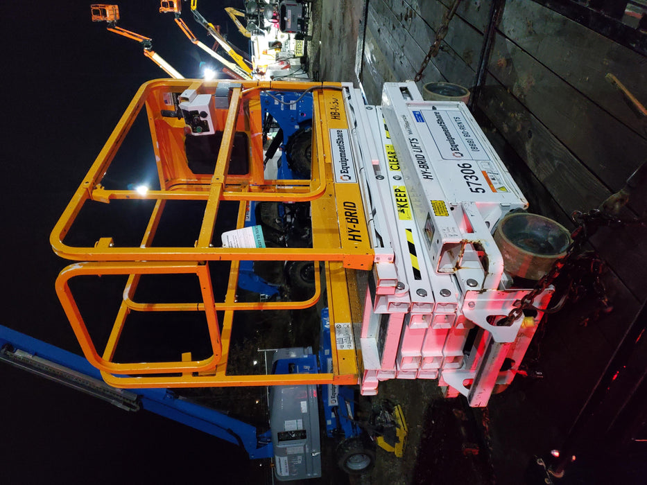 Custom Equipment HB-1430 <ul>
 <li>Hy-Brid Scissor Lift</li>
  <li>Platform capacity up to 670 lbs.</li>
  <li>Working height up to 20 ft</li>
  <li>Weighs under 1,700 lbs.</li>
  <li>Non-marking wheels </li>
</ul>