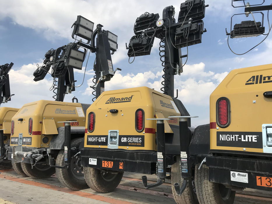 2021 Allmand NLV3GR (4) LED Light Fixture 350W, 23' Vertical Mast, 3kW Prime, Towable, Deep Sea L401, Leveling Jacks, Yanmar T4F 5.8hp