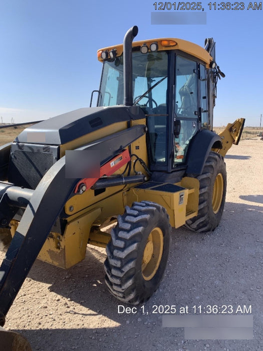 2019 John Deere 410L 4WD, CAB/HVAC, Standard Dipperstick, ISO Controls, Rear Aux Hydraulics, Manual QC w/1.5 Yd Bucket w/Forks, 24" Bucket