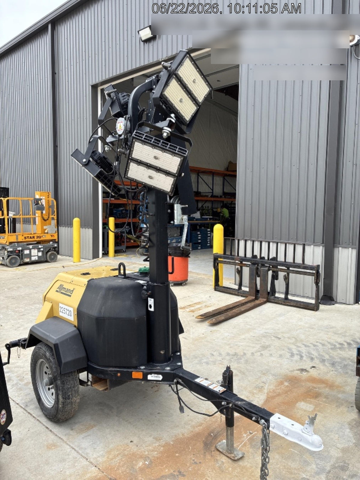 2022 Allmand NLV3GR (4) LED Light Fixture 350W, 23' Vertical Mast, 3kW Prime, Towable, Deep Sea L401, Leveling Jacks, Yanmar T4F 5.8hp