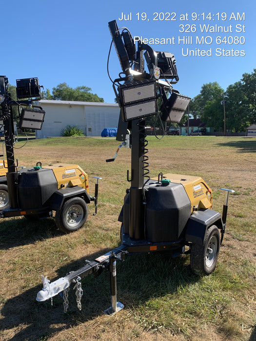 2022 Allmand NLV3GR (4) LED Light Fixture 350W, 23' Vertical Mast, 3kW Prime, Towable, Deep Sea L401, Leveling Jacks, Yanmar T4F 5.8hp