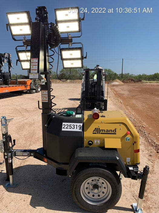 2022 Allmand NLV3GR (4) LED Light Fixture 350W, 23' Vertical Mast, 3kW Prime, Towable, Deep Sea L401, Leveling Jacks, Yanmar T4F 5.8hp