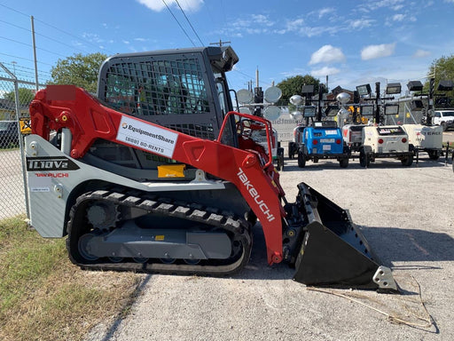 2019 Takeuchi TL10V2-CR Cab/Heat/AC, Rubber Tracks, Backup Alarm, Front & rear working Lights, Auxiliary Hydraulics, 2 Speed Travel, Engine Monitoring System, Hydraulic universal quick hitch w/76" HD smooth dirt bucket with bolt-on edge, 20.3 cubic feet capacity, 48" Pallet forks and frame