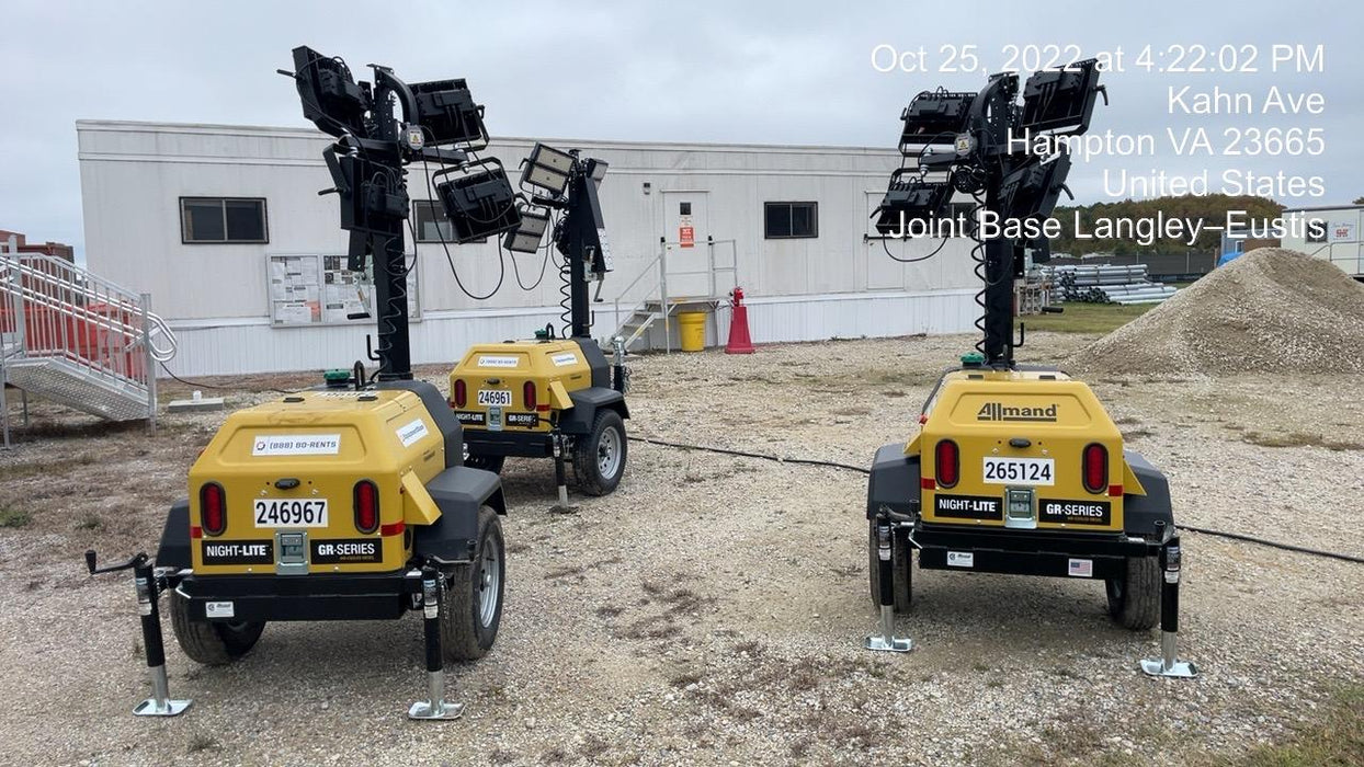 2022 Allmand NLV3GR (4) LED Light Fixture 350W, 23' Vertical Mast, 3kW Prime, Towable, ES Decals, T3