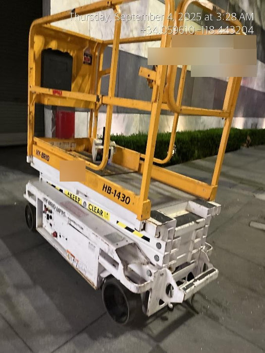 Custom Equipment HB-1430 <ul>
 <li>Hy-Brid Scissor Lift</li>
  <li>Platform capacity up to 670 lbs.</li>
  <li>Working height up to 20 ft</li>
  <li>Weighs under 1,700 lbs.</li>
  <li>Non-marking wheels </li>
</ul>