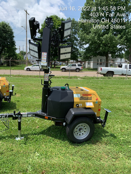 2022 Allmand NLV3GR (4) LED Light Fixture 350W, 23' Vertical Mast, 3kW Prime, Towable, Deep Sea L401, Leveling Jacks, Yanmar T4F 5.8hp