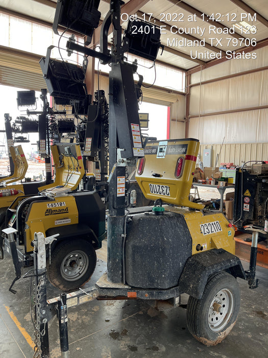 2022 Allmand NLV3GR (4) LED Light Fixture 350W, 23' Vertical Mast, 3kW Prime, Towable, Deep Sea L401, Leveling Jacks, Yanmar T4F 5.8hp